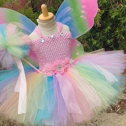 Girls Pastel Butterfly Fairy Dress Kids Flower Tutu Dresses with Wing and Stick Hairbow Outfit Children Birthday Party Costumes