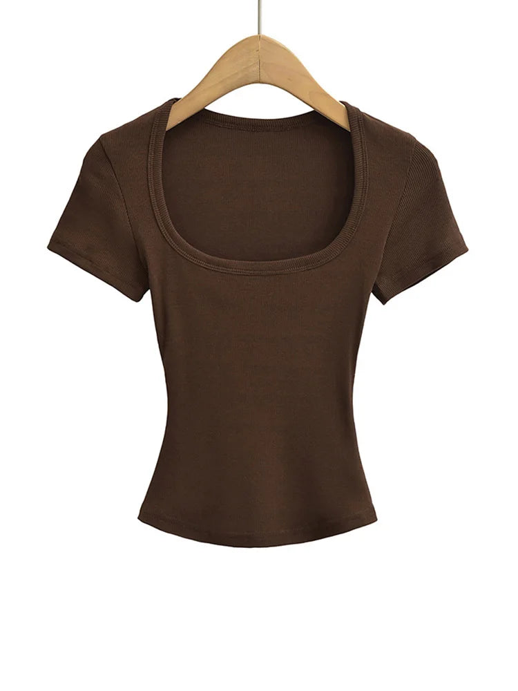 Women's Slim Fit Square Collar Crop Top High Stretch Short Sleeve Pullover Sexy Summer Blouse T-shirt for Bottoming