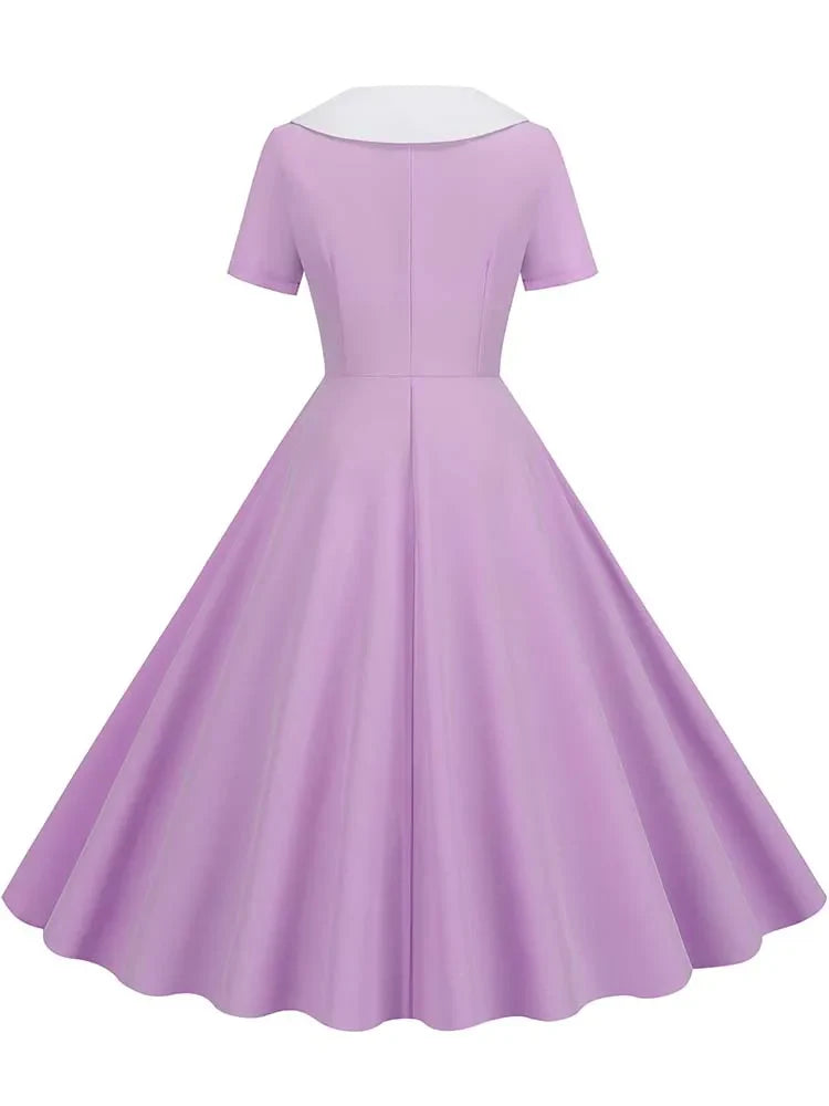 Summer Midi Dress Women Elegant Pink Vintage Party Sundress Casual Peter pan Collar Short Sleeve Dress
