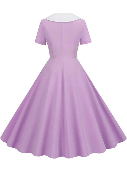 Summer Midi Dress Women Elegant Pink Vintage Party Sundress Casual Peter pan Collar Short Sleeve Dress