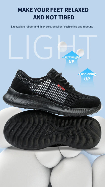 Men's Summer Steel Toe Safety Shoes Anti-Crush And Piercing Breathable Lightweight Outdoor Pure Black Work Shoes