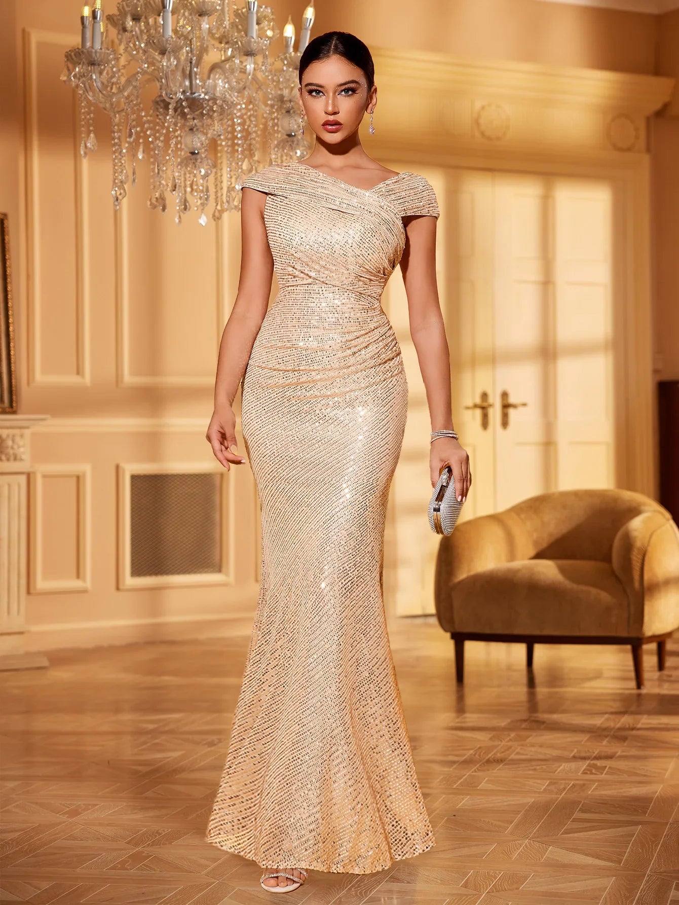 Asymmetrical Neckline Sequin Decor Ruched Fitted Party Dress, Bride Dress, Birthday Women Outfits, Graduation Dress