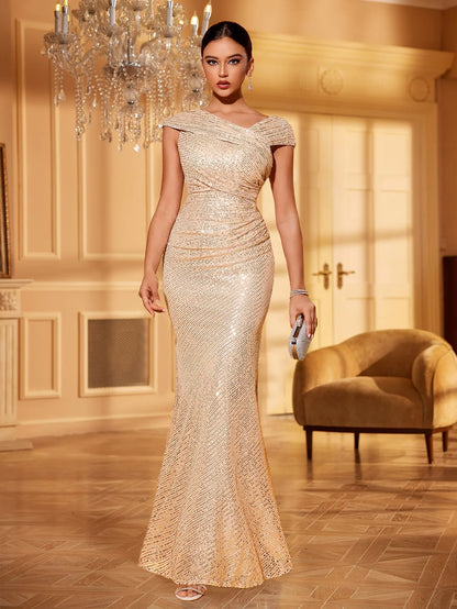 Asymmetrical Neckline Sequin Decor Ruched Fitted Party Dress, Bride Dress, Birthday Women Outfits, Graduation Dress