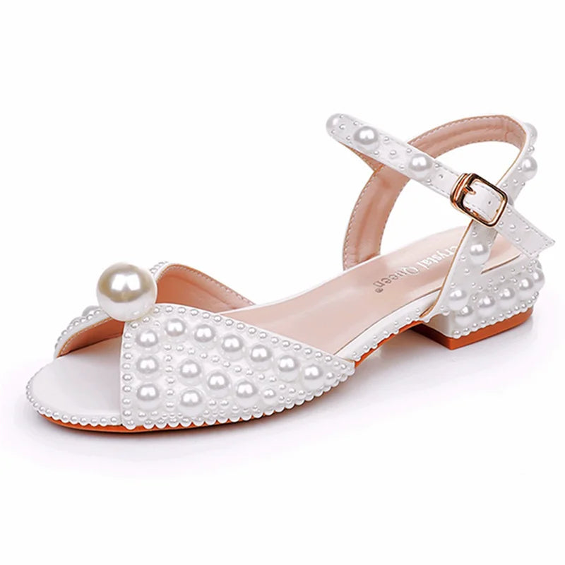Summer new 2-cm square-heeled silk ribbon pearl rhinestone low-heeled wedding shoes beaded lace-up flat large-size women sandals