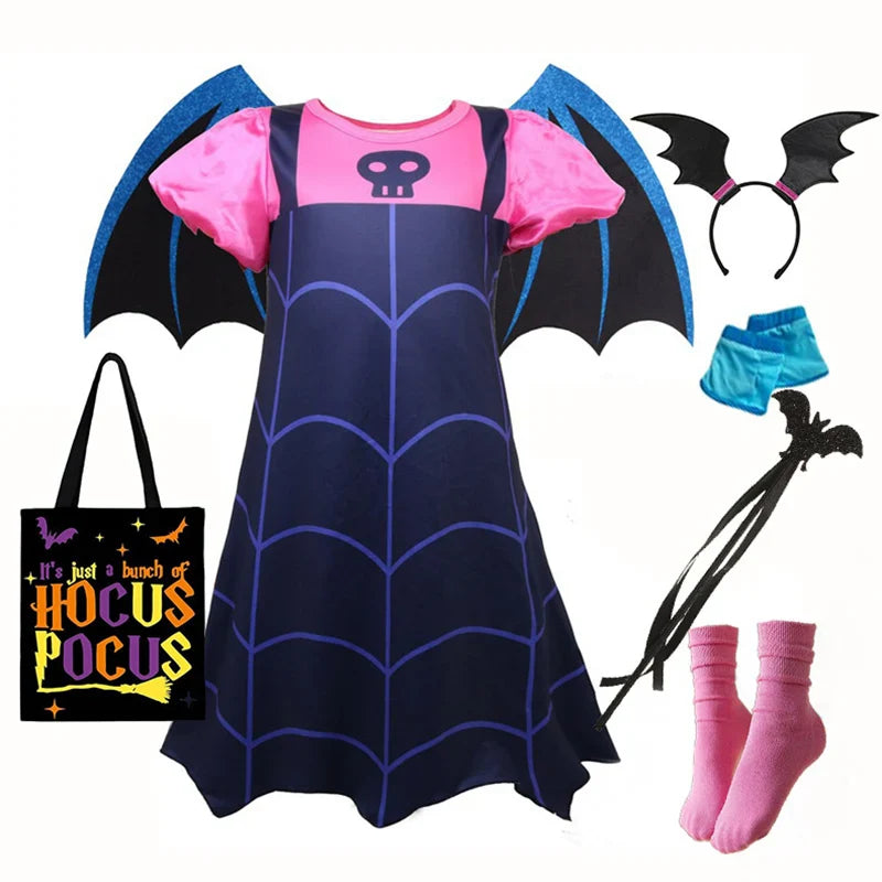 NEW Vampire Dress with Wings for Little Girls Vampirna Anime Role Playing Costume Toddler Halloween Bat Disguise Cute Purim Robe