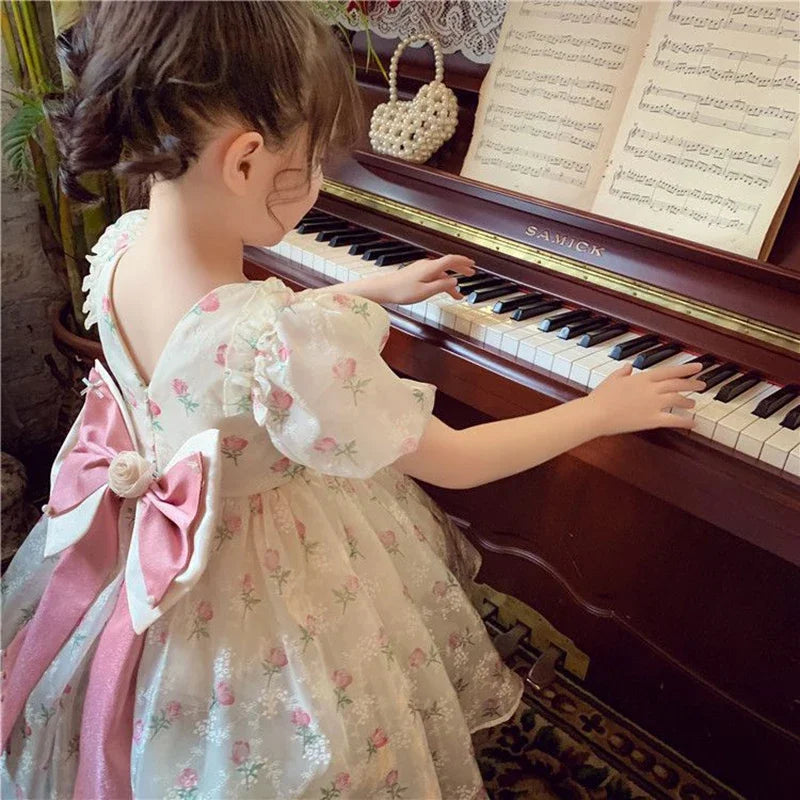 1-8 Years Old Summer Full Print Rose Flower Lace Girls Dress Big Bow Pearl decoration Princess Party Dress For Kids