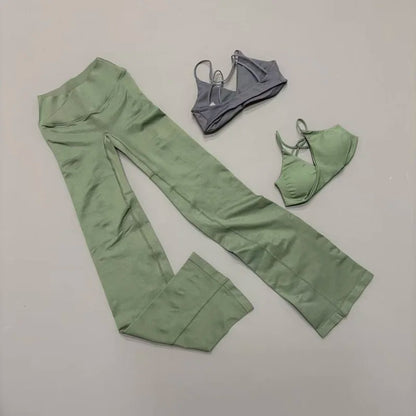 2Pcs Sports Set Women Seamless Front Tie Crossover Bra Crossover Waist Flare Leggings Sets Gym Fitness Workout Sports Sets