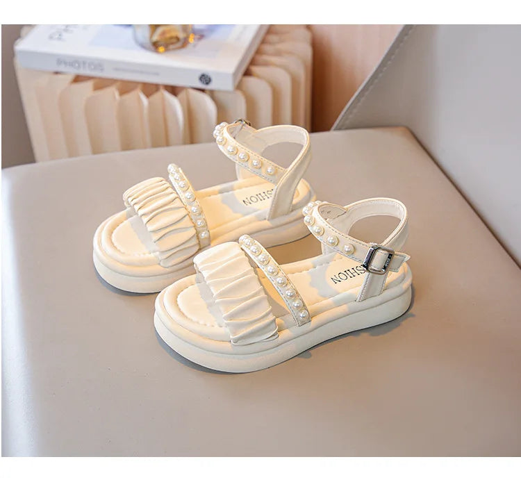 Girls Sandals Kids Summer Shoes Children's Beach Sandals with Pearls Princess Sweet Anti-slippery Open Toes Lace Chic Beading