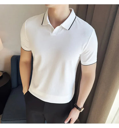 Business Casual Solid Color Men's Polo Shirt, 2024 Summer Classic, Men Short Sleeve V-neck T-shirt, Slim Fit Spliced Polo 4XL-M
