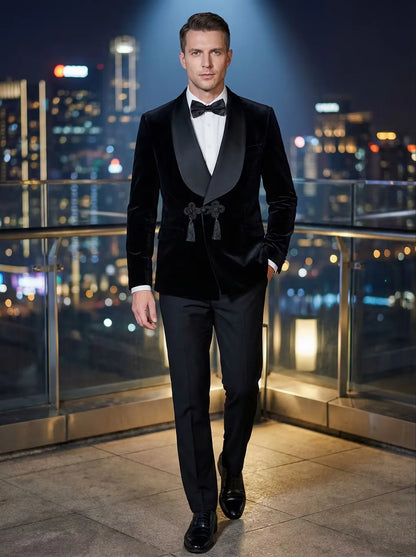 Black Velvet Smoking Jacket 2 Piece Male Blazer with Buttons Luxury Grooms Wedding Designer Party Wear Coat