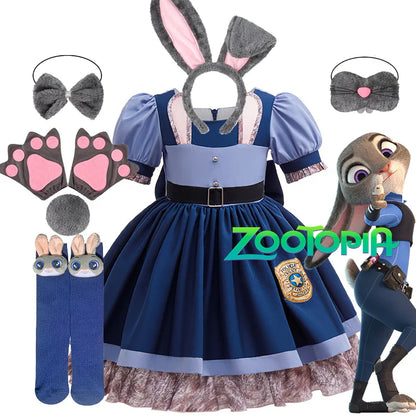 Girls Judy Hopps Police Officer Dress Zootopia Bunny Costume Kids Dress Up Halloween Rabbit Dress Outfits