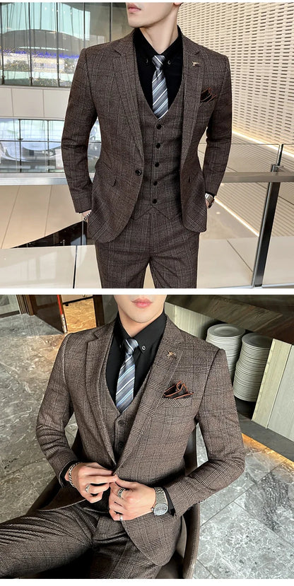 Checkered Suit (Blazer+Vest+Pants) Men's Fashion Hosting Work Business Wedding Casual Linen Art Style Elegant Gentleman's Suit