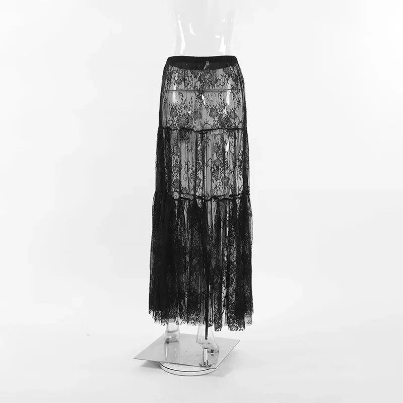 Loose Black Sexy Black Lace Skirt Women Fashion Thin Transparent Casual Hollow Out High Waist Loose A-line Long Skirt Party