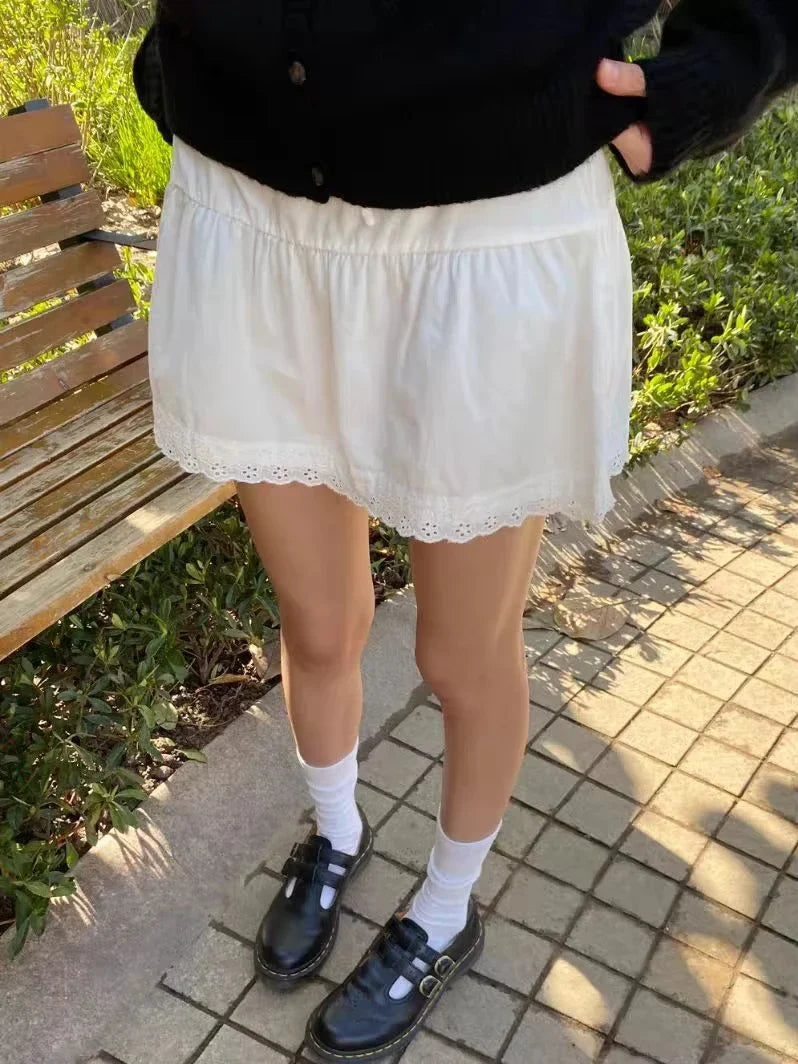 Lace Trim A-line Shirks Women New Cotton High Waist Elastic Ruffles Hem Sweet Mini Skirts Vintage Cute Streetwear Chic Falda