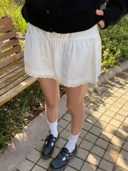 Lace Trim A-line Shirks Women New Cotton High Waist Elastic Ruffles Hem Sweet Mini Skirts Vintage Cute Streetwear Chic Falda
