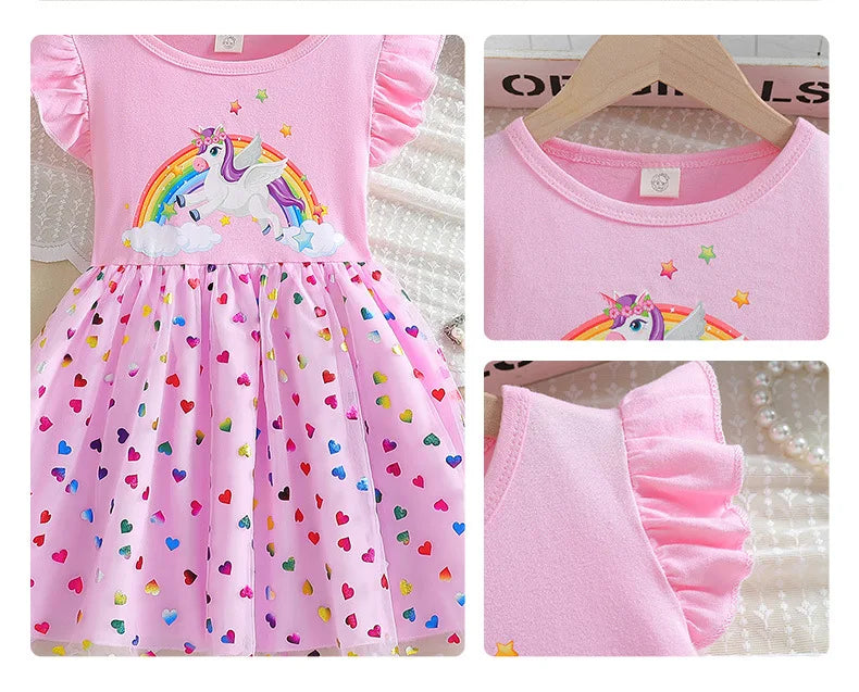 2026 Korean Style Girls Summer Unicorn Print Dress Short Sleeve Tulle Princess Gown Kids Casual Party Clothes for South Korea