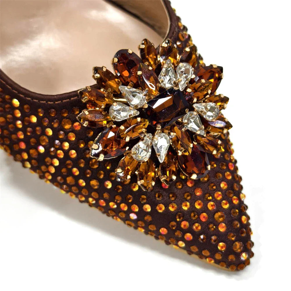 Pointed-Toe Rhinestone Pumps African Ladies Italian Shoe and Bag Set Designer