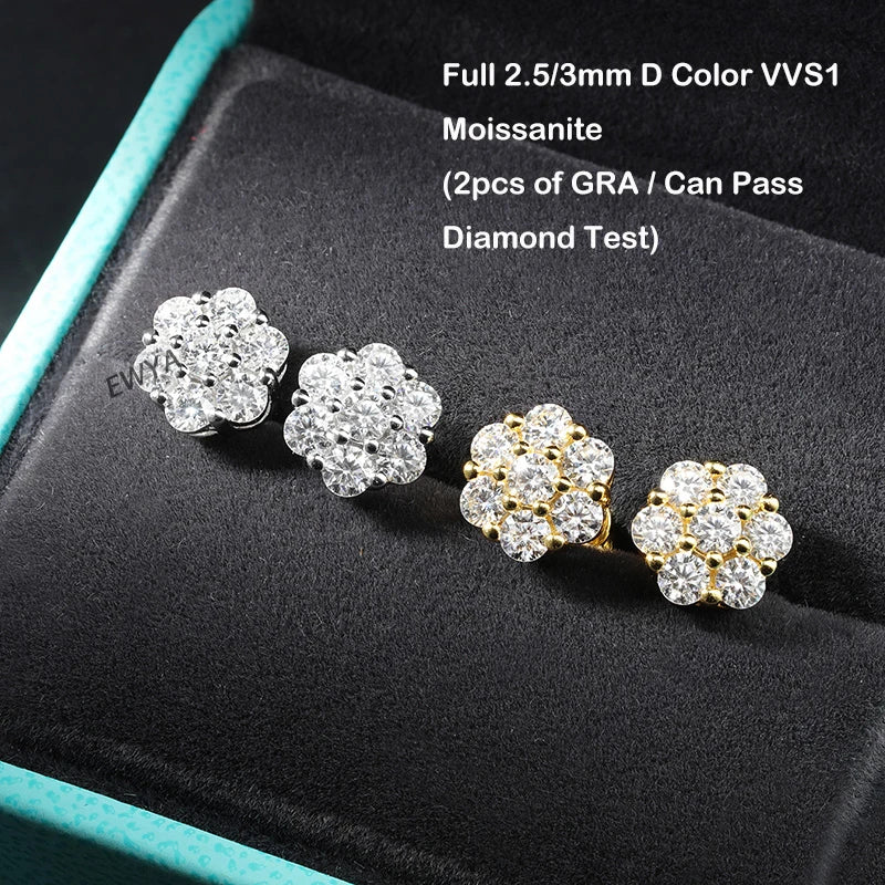 7-Stone Flower Full 2.5/3mm D Color Moissanite Stud Earrings for Women Silver 925 Plated 18K GRA Certified Party Earring