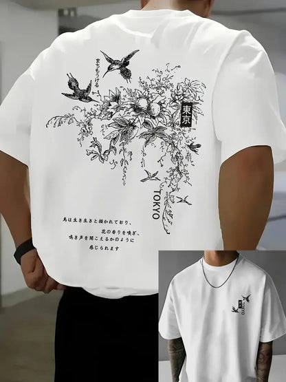 Men's Summer 100% Cotton Casual Fashion Japanese Style Pattern Printed Loose Breathable Round Neck Short Sleeve T-shirt