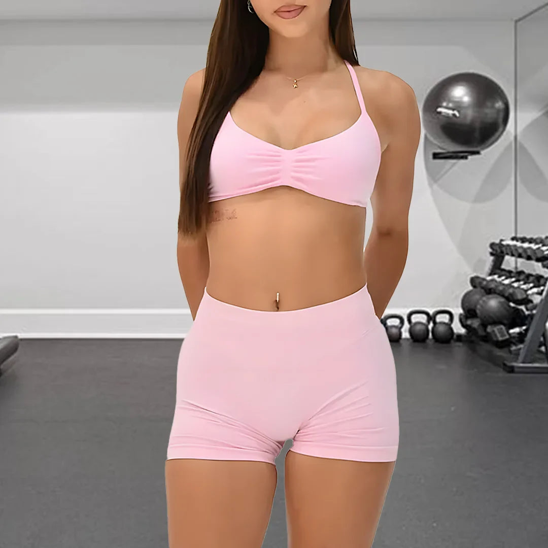 DFDK Women 2PCS Fitness Sports Set Lace Up Yoga Bra High Waist Short Leggings Seamless Cycling Running Workout Activewear