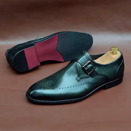 Elegant Men's Monk Strap Dress Shoes Genuine Leather Single Buckle Green Black Loafer Brogue for Party Wedding Formal Occasions