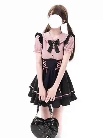 Cute Sweet Lolita Dr Set Women's School Sle Princ Skirt Blouse Two-Piece Set High Waist A-Line ort Sve Doll Collar