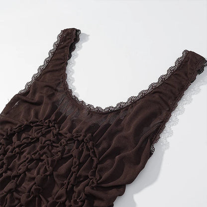 Women Fashion Solid Pleated Lace Up Slim Fitting Camis Vintage Straps V-Neck Female Chic Lady Tank Tops