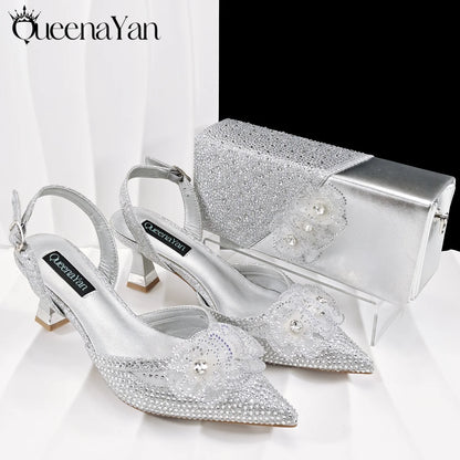 African-Inspired Evening Shoes and Handmade Clutch Set Pointed Toe High-Heel Women's Footwear and Matching Bag