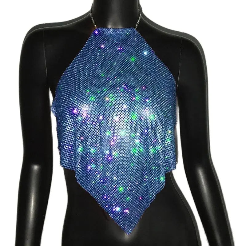 Fashion Summer Backless Tank Top Women Shiny Rhinestone Metal Sequins Halter Neck Camisole Rave Festival Party Crop Tops