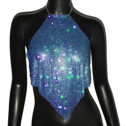 Fashion Summer Backless Tank Top Women Shiny Rhinestone Metal Sequins Halter Neck Camisole Rave Festival Party Crop Tops