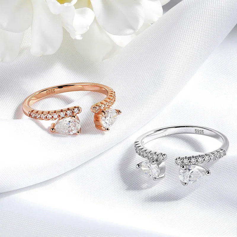 Double Pear Cut Moissanite Rings for Women Adjustable 5-9 Size Lab Diamond Wedding Female Jewelry 925 Sterling Silver