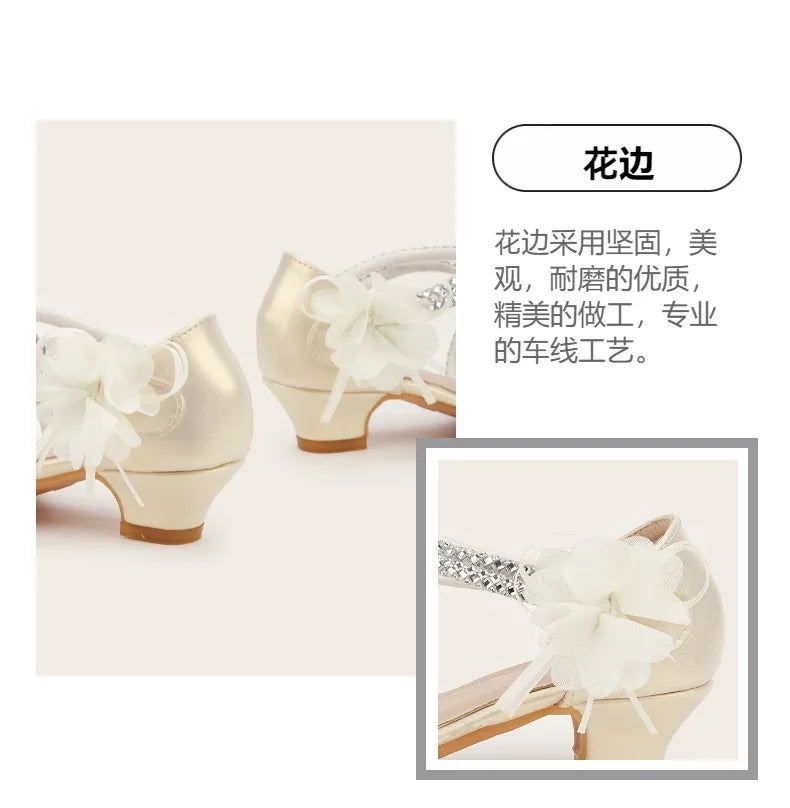 2025 Summer New Fashion Flower Girls' Princess Shoes Crystal Performance Children's Sandals Pointed Toe Children's High Heels