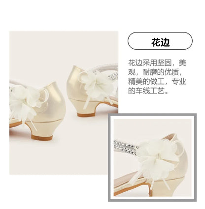 2025 Summer New Fashion Flower Girls' Princess Shoes Crystal Performance Children's Sandals Pointed Toe Children's High Heels