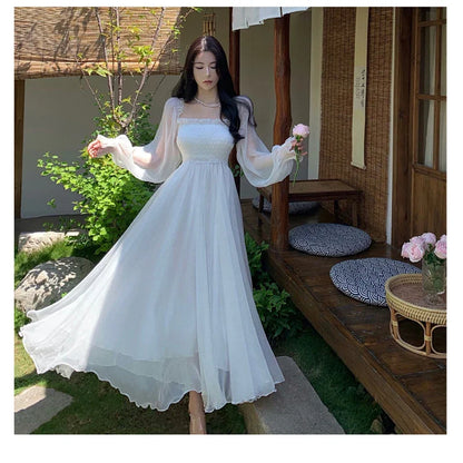 Elegant Maxi Dresses For Women White Off Shoulder Puff Long Sleeve Elastic High Waist Party Gown Ruffle Holiday Dress