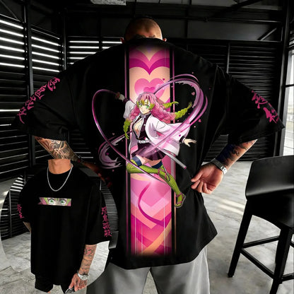 Oversized Unisex Pure Cotton T-shirt Demon Slayer Kochou Shinobu 2026 Summer New Product Anime Printed Casual Short Sleeved Top