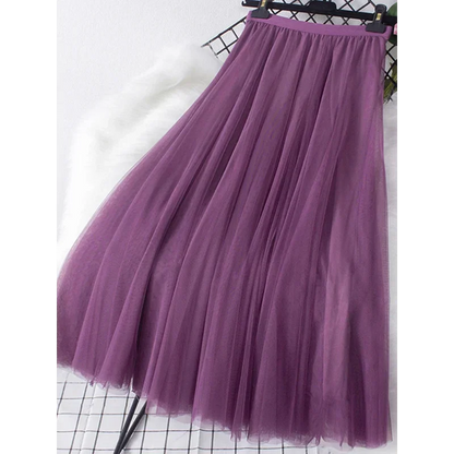 New large hem chiffon long skirt for women's Korean casual simple solid color three-layer A-line high waisted long skirt