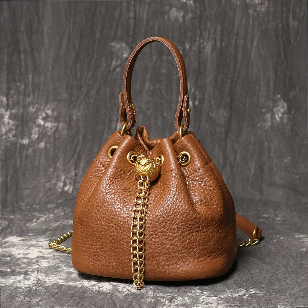 Metal Drawstring Versatile Women's Handbag Genuine Leather Chain Crossbody Bag Vintage Bucket Bag Mobile Phone Bag