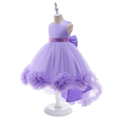 Elegant Trailing Flower Party Girls Dress Summer Wedding Bridesmaid Princess Prom Dress Girl Tull Bow Birthday Evening Ball Gown