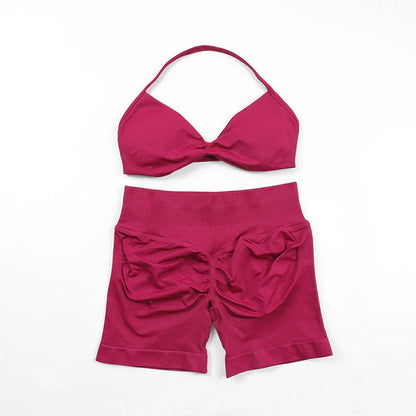 Scrunch Seamless Yoga Set Women Sportswear Ribbed Gym Shorts Strappy Sports Bra 2 Piece Set Halter Workout Clothes Fitness Suit