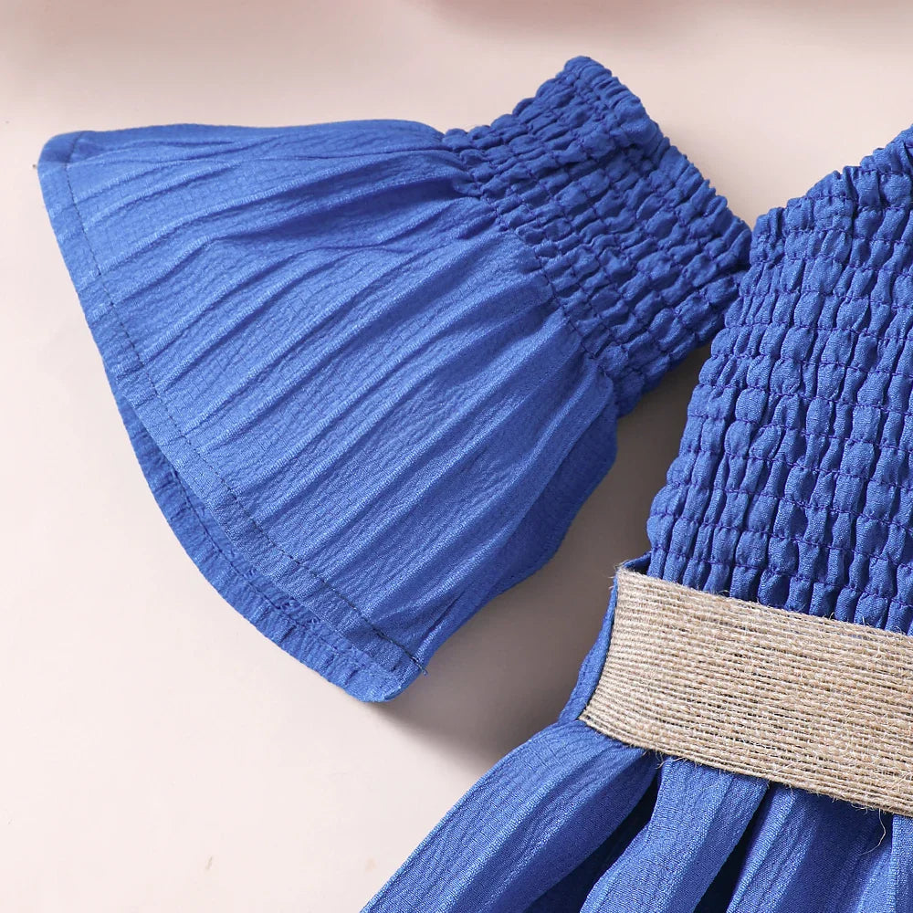Vestido Feminino de Verão Ombro a Ombro Cinto Cor Sólida