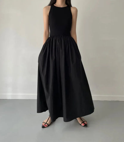 Simple Elegant Black Long Dresses For Women Round Neck Sleeveless High Waist Temperament Female Fashion Style Dress