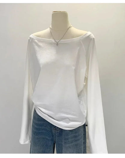 Autumn Winter One Shoulder Cotton Long Sleeve Slant Shoulder Women's Clothing Style Interior Wide Truffle Shoulder Base Shirt