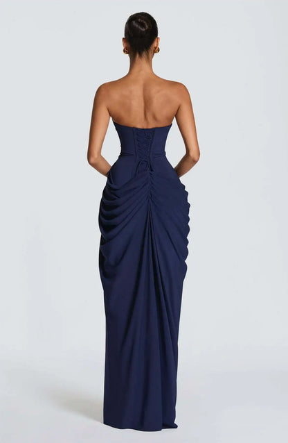Women Sexy Solid Pleated Strapless Dress Lady Chic Off-shoulder Backless High Waist Split Dresses 2026 New Evening Party Gown