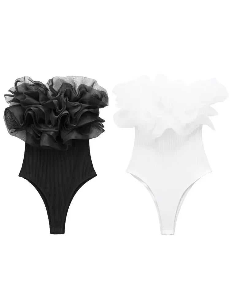 Women Fashion Ribbed Bodysuit With Organza Ruffle Vintage High Elastic Sexy y2k Female Chic Lady Tops body femme