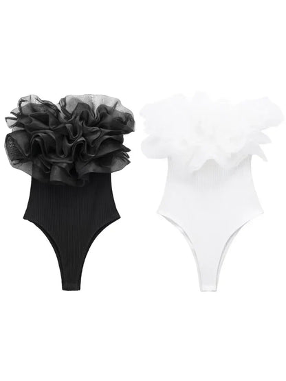 Women Fashion Ribbed Bodysuit With Organza Ruffle Vintage High Elastic Sexy y2k Female Chic Lady Tops body femme