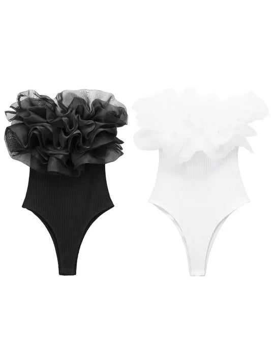 Women Fashion Ribbed Bodysuit With Organza Ruffle Vintage High Elastic Sexy y2k Female Chic Lady Tops body femme