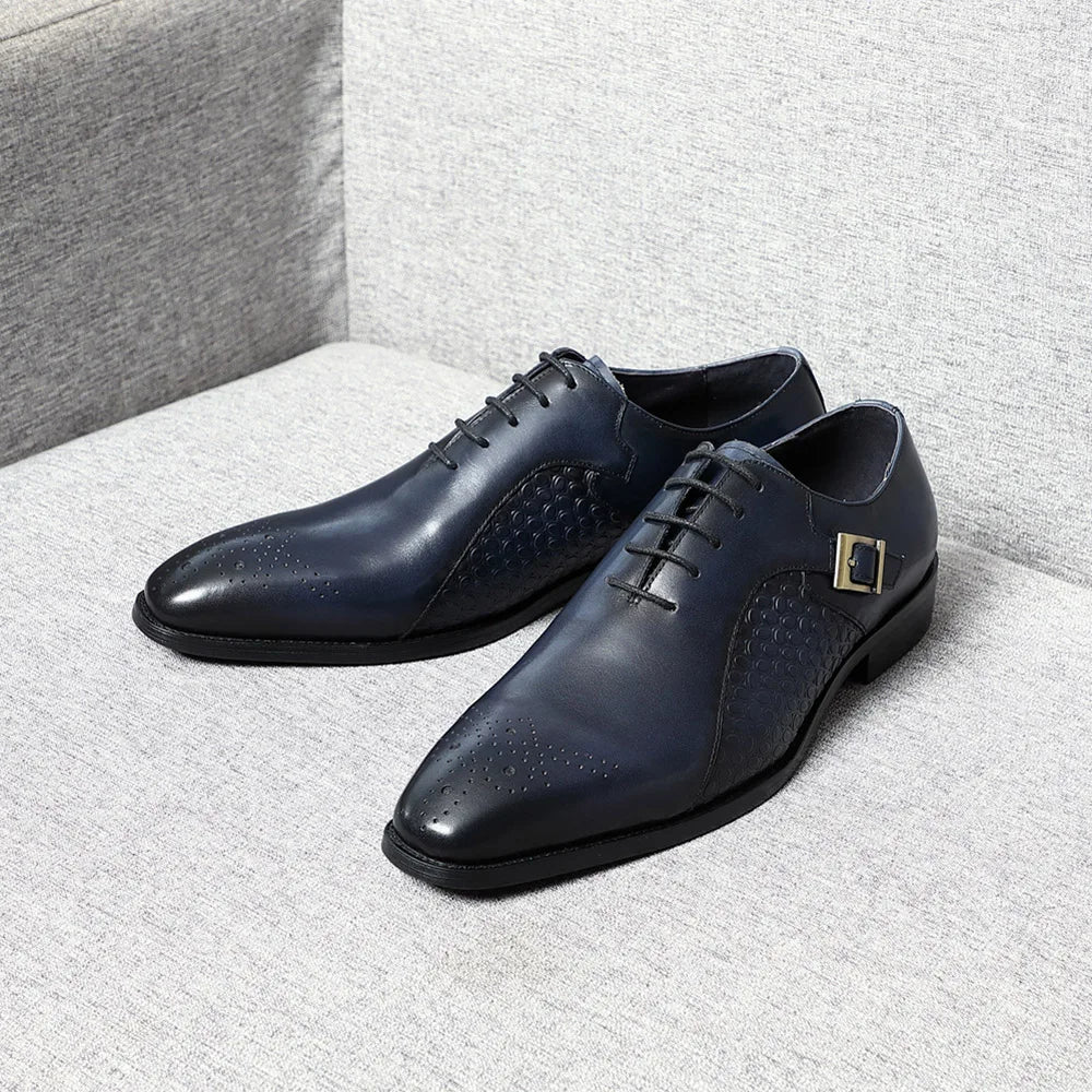 Classy Men's Genuine Leather Oxford Dress Shoes Blue Black Lace-up Brogue Pointed Business Wedding Party Formal Shoes for Men