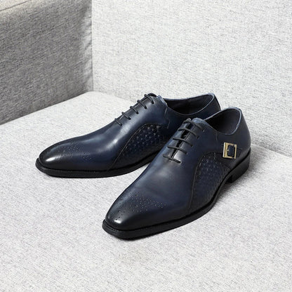 Classy Men's Genuine Leather Oxford Dress Shoes Blue Black Lace-up Brogue Pointed Business Wedding Party Formal Shoes for Men