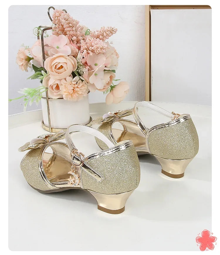 New Girl's High Heel Shoes for Kids Party Wedding Fashion Princess Causal Dress Shoes Sequins Versatile Children's Crown Sandals