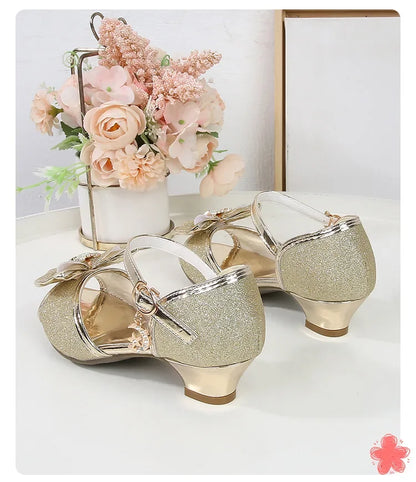 New Girl's High Heel Shoes for Kids Party Wedding Fashion Princess Causal Dress Shoes Sequins Versatile Children's Crown Sandals